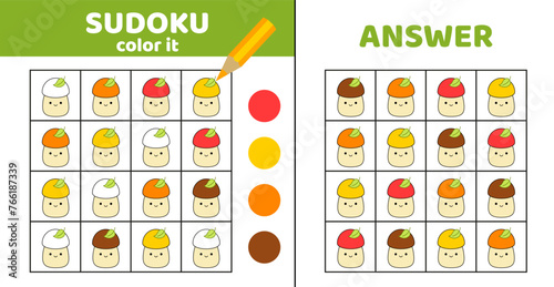 Sudoku. Mushroom boletus, porcini. Coloring sudoku with mushroom. Squishmallow. Cartoon