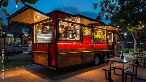 Stylish food truck showcasing traditional street food favorites with a modern presentation
