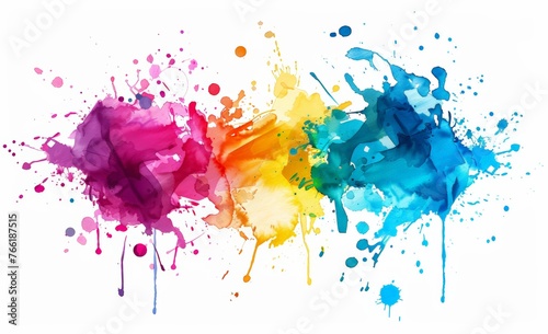 A group of vivid paint splatters in various colors spread across a white background