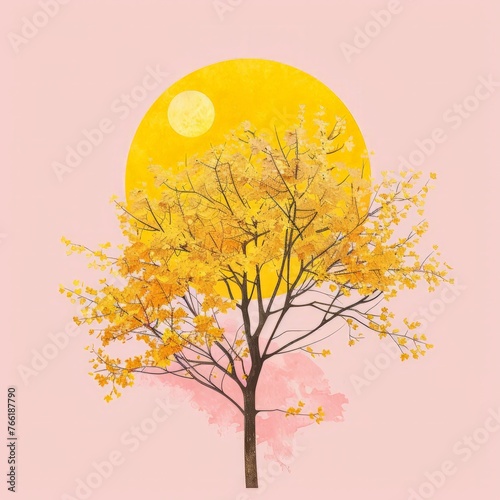 A detailed painting of a tree with vibrant green leaves, set against a bright sun in the background © pham