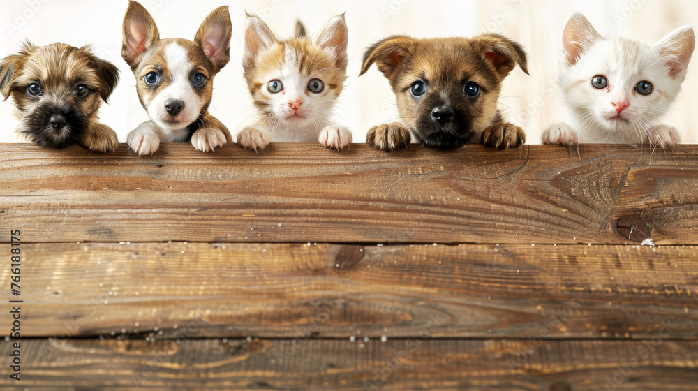 Obraz premium Adorable Pet Promotions: Puppies and Kittens Behind Wooden Banner. Generative AI