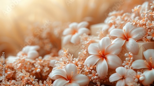  a bunch of white flowers sitting on top of a pile of brown and white flowers on top of a table.