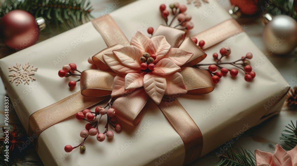 a present wrapped in a white wrapping paper with a pink flower on top of it and surrounded by christmas decorations. a present wrapped in a white wrapping paper with a pink flower on top of it and surrounded by christmas decorations.