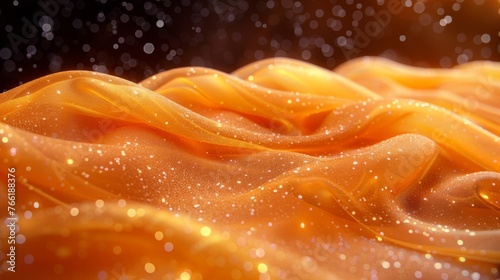  a close up of a yellow cloth with a lot of water droplets on the fabric and the background is blurry.