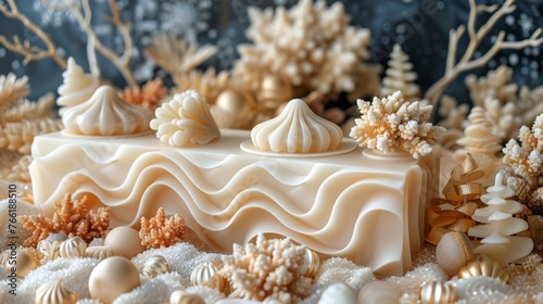  a piece of cake sitting on top of a table covered in seashells and seashells and corals.