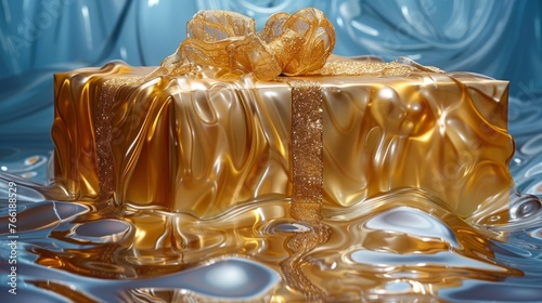  a golden gift box with a bow on top of it floating in a pool of water with a blue curtain in the background.