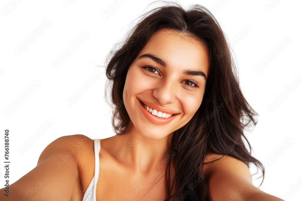 Portrait of beautiful young woman taking selfie posing with smile and attractive focus look, isolated on trasparent png background. Portrait of beautiful young woman taking selfie posing with smile and attractive focus look, isolated on trasparent png background.