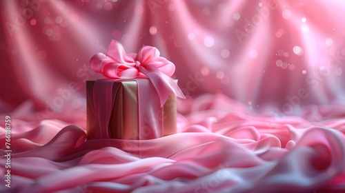  a pink gift box with a pink bow on top of a bed of pink fabric with lights in the background.