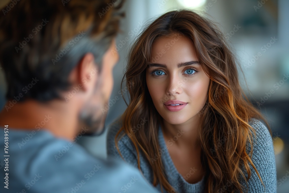 depression young couple, woman, man consulting problem mental health with psychologist, husband encouraging wife