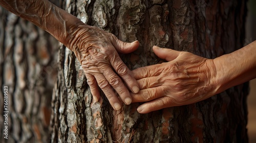 Elderly Hands Embrace a Tree Trunk, Symbolizing Connection with Nature and the Wisdom of Age. Intimate and Textured Shot Demonstrating Human-Nature Bonding. Close-up, Emotional Depth. AI