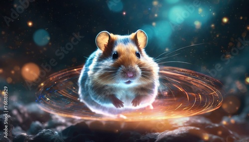 Futuristic cyber hamster hologram background.. Cold blue tone. Animal floating in space. Outline against a dark backdrop.