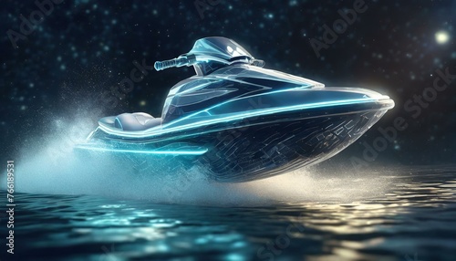 Futuristic jet ski in on the water at night. Boat on the ocean in space. Starry sky. Water sports at night. Cold modern blue tone. photo