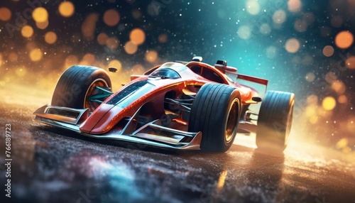 Formula one race car on dynamic cosmic abstract space background. Bokeh photo