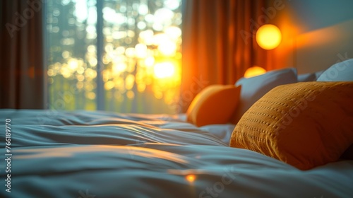  a close up of a bed with white sheets and pillows with the sun shining through the trees in the background.