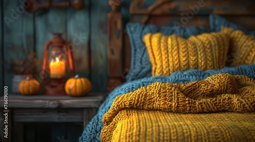  a bed covered in a yellow blanket next to a night stand with a lit candle and pumpkins on it.