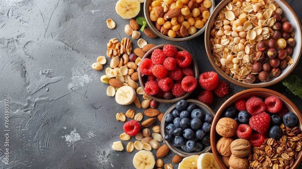  a table topped with bowls filled with different types of fruits and nuts next to a plate of nuts and fruit.
