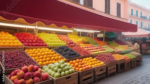 Fruits and vegetables on the counter of the market. Blurred background. generative ai