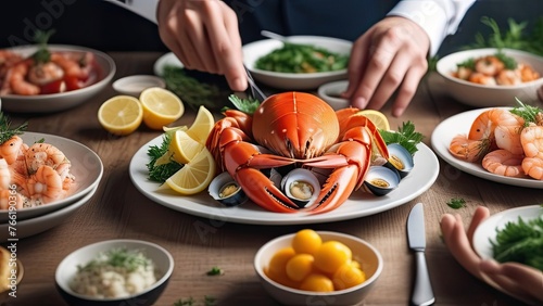 A man is cutting a lobster on a plate in front of another man. The man taking the picture is holding a cell phone. generative ai