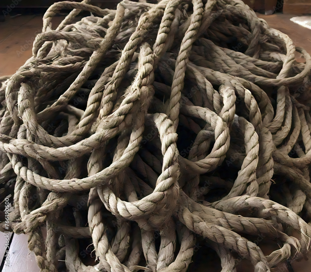  detail of the tangled old rope on the ship