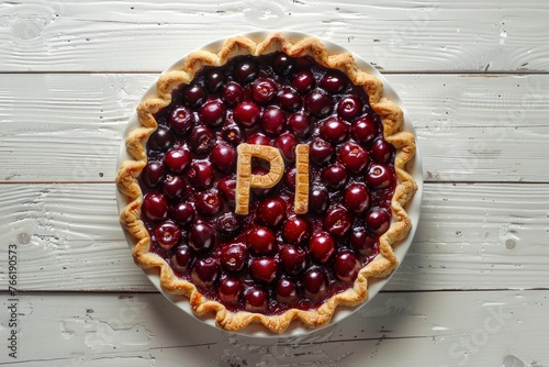 A cherry pie with the word PI