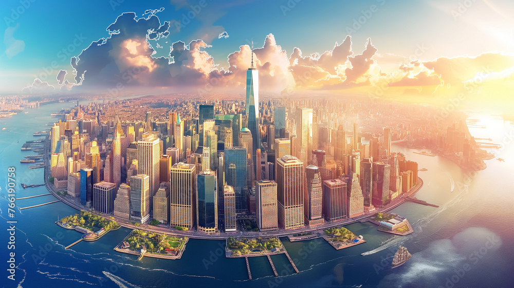 World-class virtual reality technology with cities Spectacular city skyline with colorful cities, 3D illustration. Elements of this image furnished by NASA. - obrazy, fototapety, plakaty 
