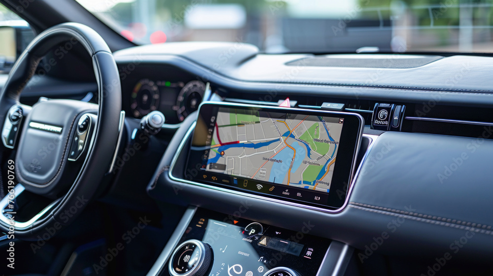 A sleek GPS navigation system, with a vibrant touchscreen display, guiding the driver to their destination with precision