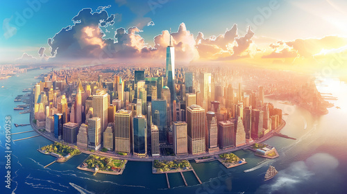 World-class virtual reality technology with cities Spectacular city skyline with colorful cities, 3D illustration. Elements of this image furnished by NASA. #766190758