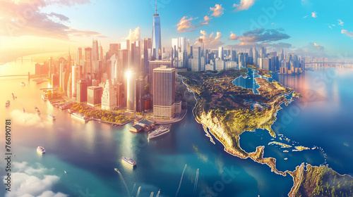 World-class virtual reality technology with cities Spectacular city skyline with colorful cities, 3D illustration. Elements of this image furnished by NASA. #766190781