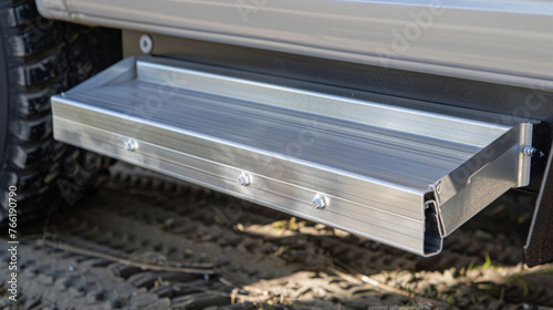 A sturdy aluminum step, attached to the side of the truck, providing easy access to the cab