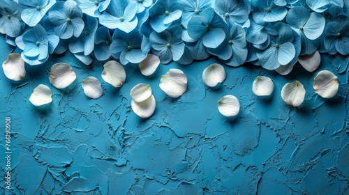  a painting of blue and white flowers on a teal blue background with a few white petals on the left side of the frame.