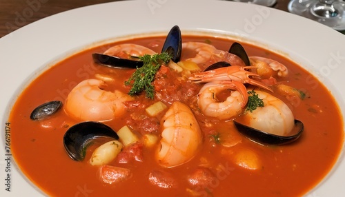 caldeirada de lulas squid seafood stew soup in spicy tomato and vegetable sauce in lisbon restaurant photo