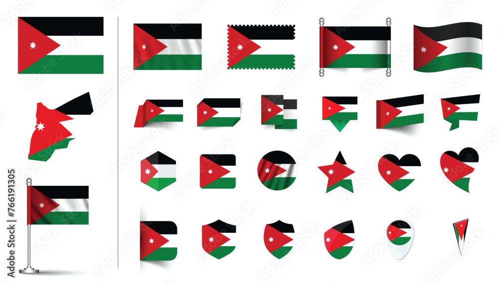 set of Jordan flag, flat Icon set vector illustration. collection of national symbols on various objects and state signs. flag button, waving, 3d rendering symbols, and flag on map symbols set of Jordan flag, flat Icon set vector illustration. collection of national symbols on various objects and state signs. flag button, waving, 3d rendering symbols, and flag on map symbols