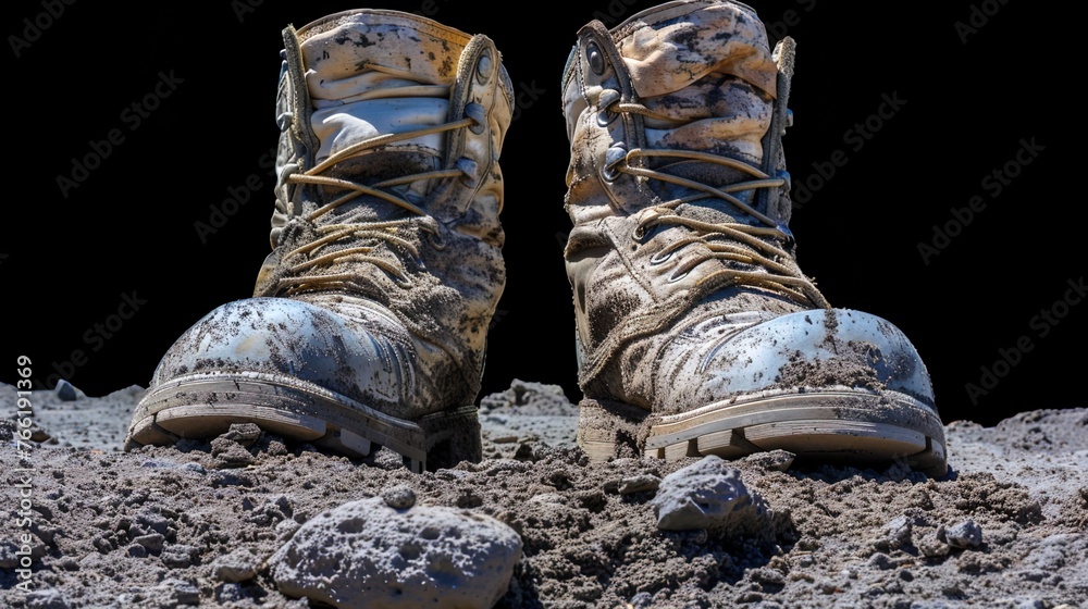 Astronaut's boots firmly planted on lunar surface, a historic moment captured in a close-up shot