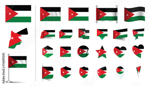 set of Jordan flag, flat Icon set vector illustration. collection of national symbols on various objects and state signs. flag button, waving, 3d rendering symbols, and flag on map symbols