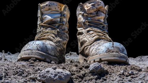 Astronaut's boots firmly planted on lunar surface, a historic moment captured in a close-up shot