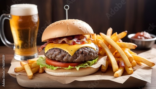 cheese and bacon gourmet beef burger with friench fries and draft beer on restaurant table