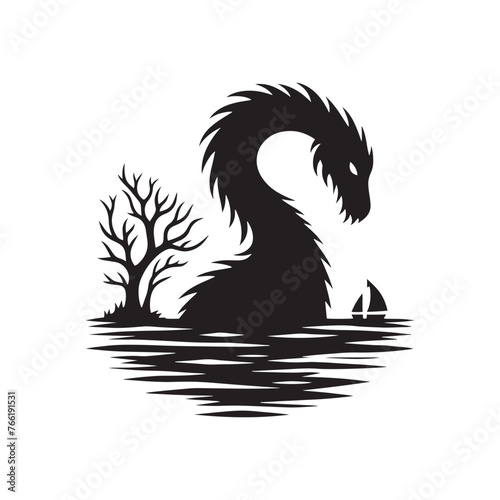 Loch Ness Sea Monster Silhouette Vector: Capturing the Mystique of the Legendary Creature in Simplified Form- Loch ness sea monster vector stock.