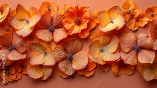  a group of orange and yellow flowers on a pink background with drops of water on the petals of the flowers.