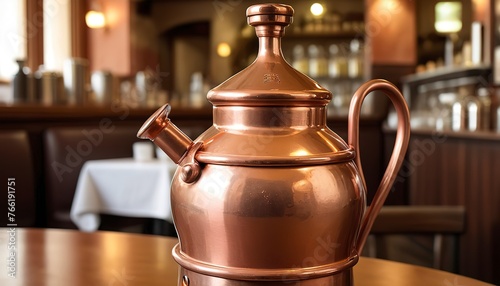 classic olive oil copper cruet traditional dispenser detail in italian restaurant photo