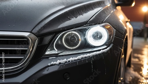 close-up car headlight lamp with car wash foam