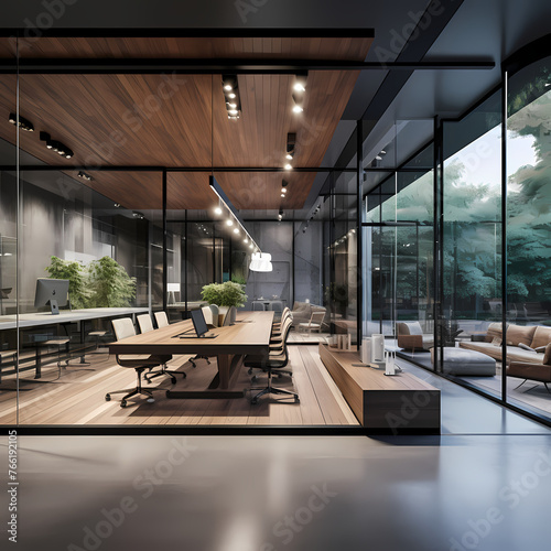 A modern office with glass walls and open spaces. 