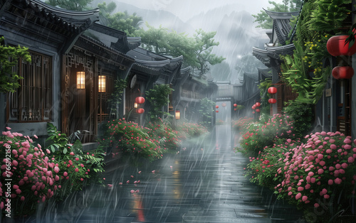Scenery of misty rain in ancient town in Jiangnan, China,created with Generative AI tecnology.