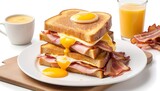 French toast ham bacon cheese sandwich with egg isolated on white background