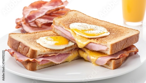 French toast ham bacon cheese sandwich with egg isolated on white background