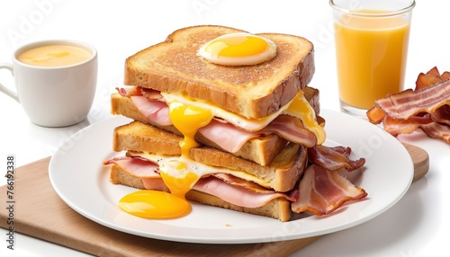 French toast ham bacon cheese sandwich with egg isolated on white background