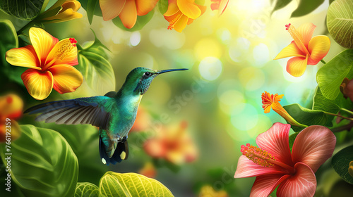 Hummingbird flying near beautiful red tropical flowers, exotic plants, leaves in natural habitat. Hummingbird from the Savegre Valley in Costa Rica. photo