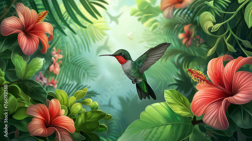 Hummingbirds fly near beautiful red tropical flowers, exotic plants, leaves in their natural habitat. Hummingbird from the Savegre Valley in Costa Rica.