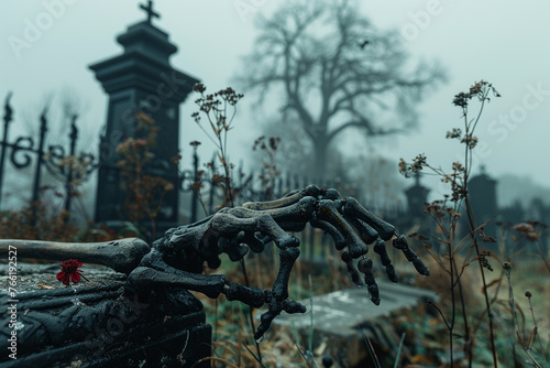 A skeletal hand reaches from a graveyard. Happy Halloween!