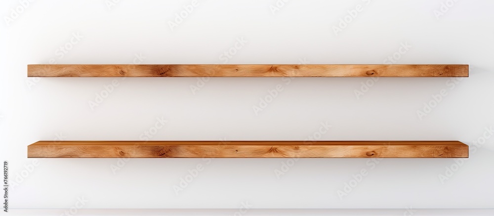 Two rectangular wooden shelves with a wood stain finish are hanging on a white wall, contrasting with the beige hardwood flooring reminiscent of a beach floor