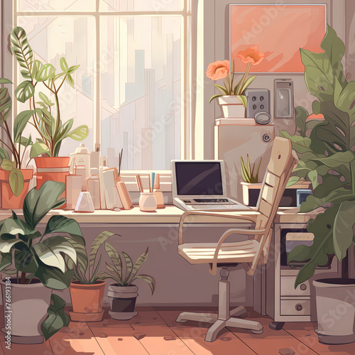 Anime style, lofi office room, desk, study space with plants
